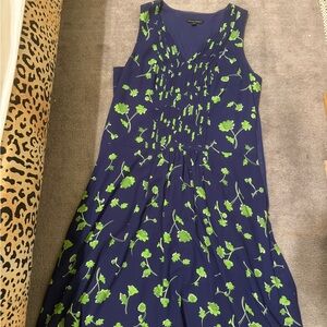 Banana Republic Blue Green Leaf Print Knee Length Dress Ruched Bodice Size 12